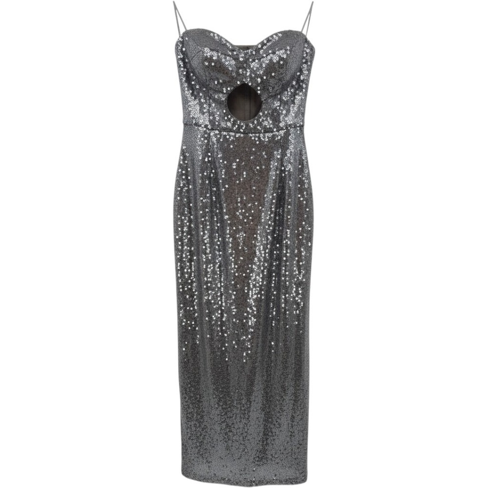 Honey and Rosie Dress Womens Medium Silver Sequin Cutout Midi Bodycon Cocktail